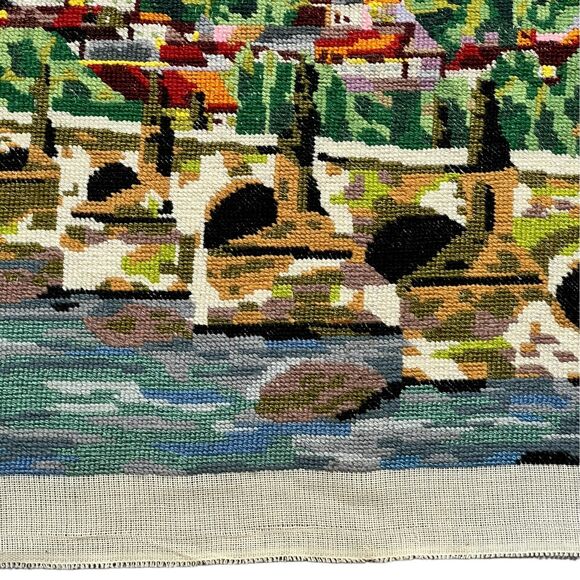 VTG Needlepoint Charles Bridge Prague Canal Village European Embroidery 18”x28” - Picture 6 of 16